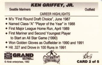 1992 Alrak Enterprises Grand Auto Supply Griffey's Golden Moments (unlicensed) #2 Ken Griffey, Jr. Back