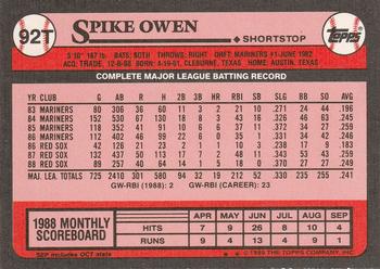 1989 Topps Traded #92T Spike Owen Back