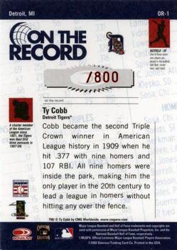 2002 Donruss Originals - On The Record #OR-1 Ty Cobb Back