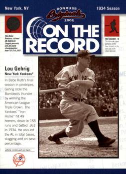 2002 Donruss Originals - On The Record #OR-3 Lou Gehrig  Front