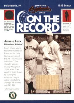 2002 Donruss Originals - On The Record Materials #OR-2 Jimmie Foxx Front