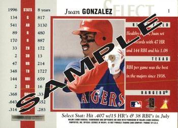 1997 Select - Samples #1 Juan Gonzalez Back