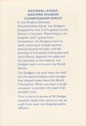 1982 Los Angeles Dodgers Police #NNO Division Series Commemorative Card Back