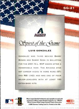 2002 Donruss Studio - Spirit of the Game #SG-21 Luis Gonzalez  Back