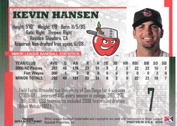 2009 Grandstand Fort Wayne TinCaps Midwest League Champions #NNO Kevin Hansen Back