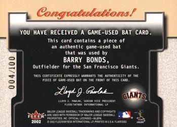2002 Flair - Power Tools Bats Gold #NNO Barry Bonds  Back