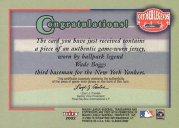 2002 Fleer Fall Classic - October Legends Game Used #NNO Wade Boggs Back