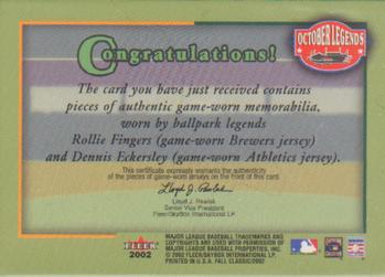 2002 Fleer Fall Classic - October Legends Game Used Dual #NNO Rollie Fingers / Dennis Eckersley Back