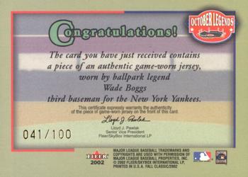 2002 Fleer Fall Classic - October Legends Game Used Gold #NNO Wade Boggs Back