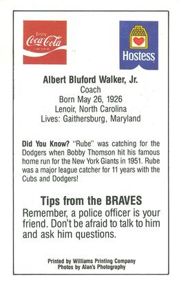 1984 Atlanta PAL Coca-Cola Atlanta Braves #NNO Rube Walker Back