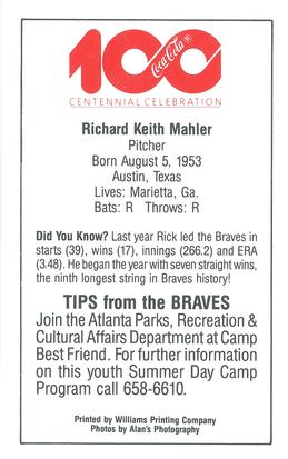 1986 Atlanta Braves Police #NNO Rick Mahler Back