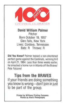 1986 Atlanta Braves Police #NNO David Palmer Back