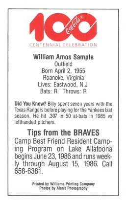 1986 Atlanta Braves Police #NNO Billy Sample Back