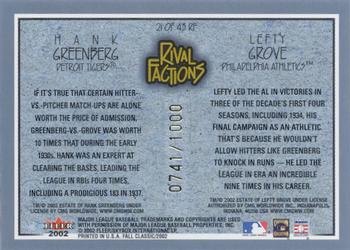 2002 Fleer Fall Classic - Rival Factions #21 RF Hank Greenberg / Lefty Grove Back