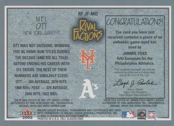 2002 Fleer Fall Classic - Rival Factions Game Used #RF JF-MO Jimmie Foxx / Mel Ott Back