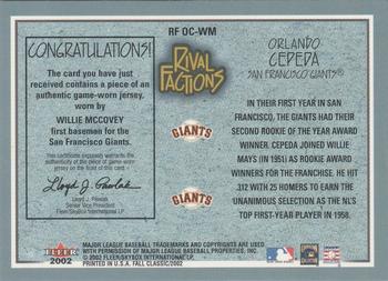 2002 Fleer Fall Classic - Rival Factions Game Used #RF OC-WM Orlando Cepeda / Willie McCovey Back