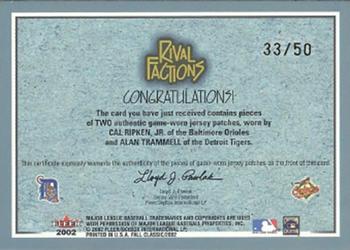 2002 Fleer Fall Classic - Rival Factions Game Used Dual Patch #NNO Cal Ripken, Jr. / Alan Trammell Back