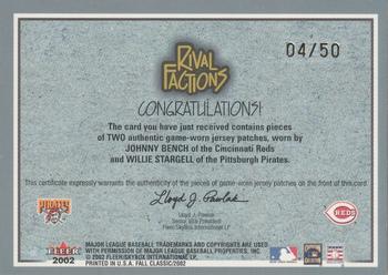 2002 Fleer Fall Classic - Rival Factions Game Used Dual Patch #NNO Johnny Bench / Willie Stargell  Back