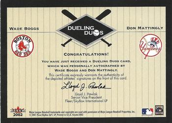 2002 Fleer Greats of the Game - Dueling Duos Autographs #NNO Wade Boggs / Don Mattingly  Back
