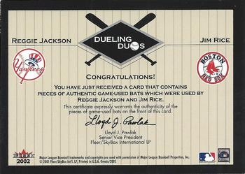 2002 Fleer Greats of the Game - Dueling Duos Game Used Double #NNO Reggie Jackson / Jim Rice  Back