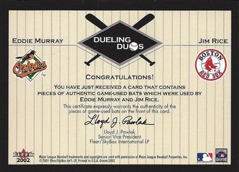 2002 Fleer Greats of the Game - Dueling Duos Game Used Double #NNO Eddie Murray / Jim Rice  Back