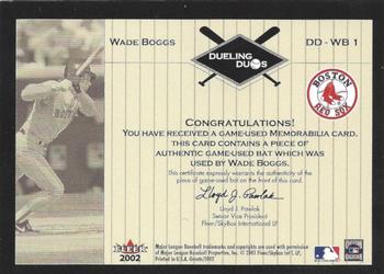 2002 Fleer Greats of the Game - Dueling Duos Game Used Single #DD-WB1 Wade Boggs / Don Mattingly  Back