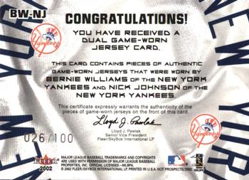 2002 Fleer Hot Prospects - MLB Hot Tandems #BW-NJ Bernie Williams / Nick Johnson Back