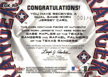 2002 Fleer Hot Prospects - MLB Hot Tandems #GK-RP Gabe Kapler / Rafael Palmeiro Back