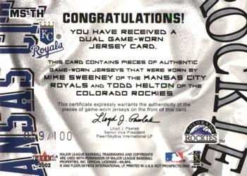 2002 Fleer Hot Prospects - MLB Hot Tandems #MS-TH Mike Sweeney / Todd Helton Back