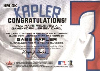 2002 Fleer Hot Prospects - MLB Red Hot Materials #HM-GK Gabe Kapler  Back