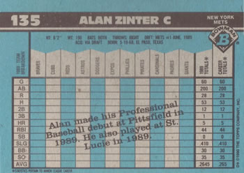 1990 Bowman #135 Alan Zinter Back