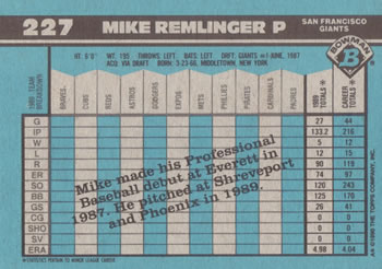 1990 Bowman #227 Mike Remlinger Back