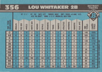 1990 Bowman #356 Lou Whitaker Back