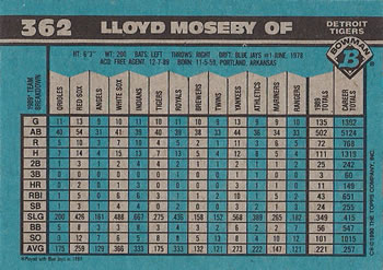 1990 Bowman #362 Lloyd Moseby Back