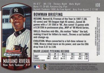 2000 Bowman Chrome #108 Mariano Rivera Back