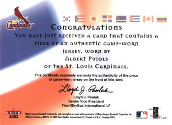 2002 Fleer Premium - International Pride Game Used #NNO Albert Pujols Back