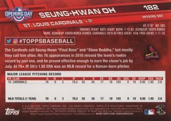 2017 Topps Opening Day #182 Seung-Hwan Oh Back