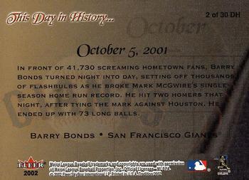 2002 Fleer Tradition - This Day in History #2 DH Barry Bonds  Back