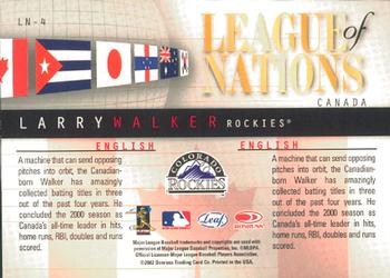 2002 Leaf - League of Nations #LN-4 Larry Walker Back