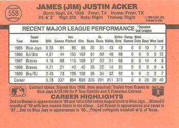 1990 Donruss #558 Jim Acker Back