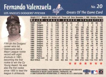 2000 Fleer Greats of the Game #20 Fernando Valenzuela Back