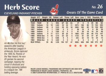 2000 Fleer Greats of the Game #26 Herb Score Back