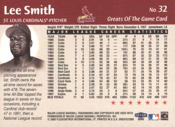 2000 Fleer Greats of the Game #32 Lee Smith Back