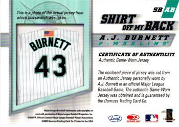 2002 Leaf - Shirt Off My Back #SBAB A.J. Burnett  Back