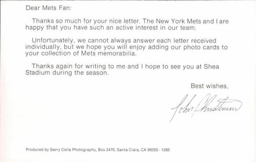 1985 Barry Colla New York Mets Photocards #1285 John Christensen Back