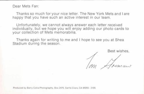 1985 Barry Colla New York Mets Photocards #3185 Tom Gorman Back