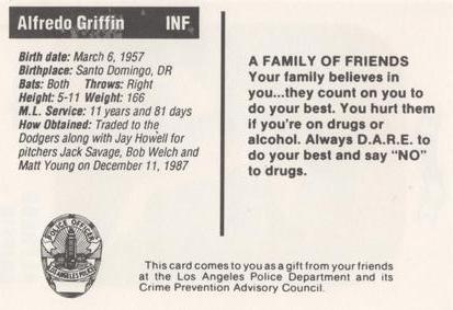 1991 Los Angeles Dodgers Police #NNO Alfredo Griffin Back