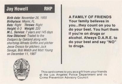 1991 Los Angeles Dodgers Police #NNO Jay Howell Back