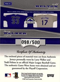 2002 Playoff Piece of the Game - Materials #POG-94 Todd Helton / Larry Walker Back