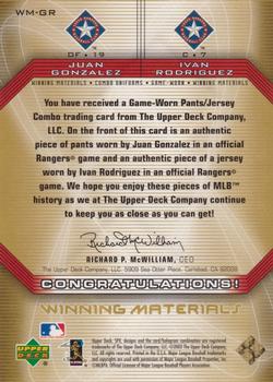 2002 SPx - Winning Materials 2-Player Jersey Combos #WM-GR Juan Gonzalez / Ivan Rodriguez Back